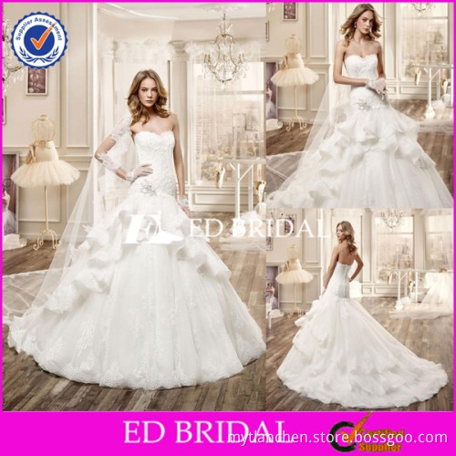 CE1171 2016 New Strapless Ruffles Layers Lace Trim Skirt White Bridal Dress
